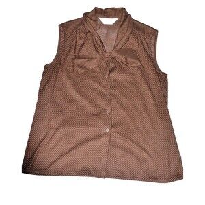 Ship N Shore Summer Women 16 Brown Dotted Sleeveless Bow Button Up Top sheer Vtg